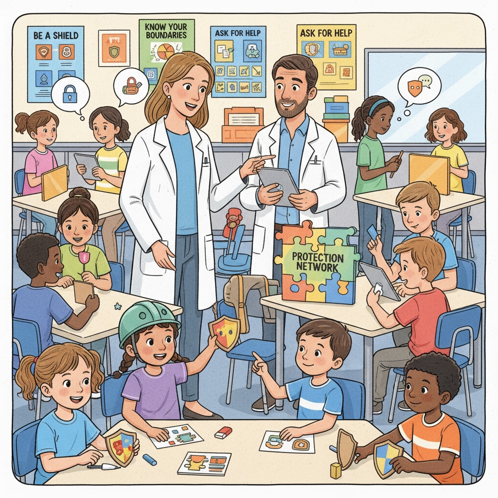 A group of K-12 students are participating in a hands-on activity related to protection education, showing their engagement and learning. K-12 students engaged in protection education activity for sociological research insights