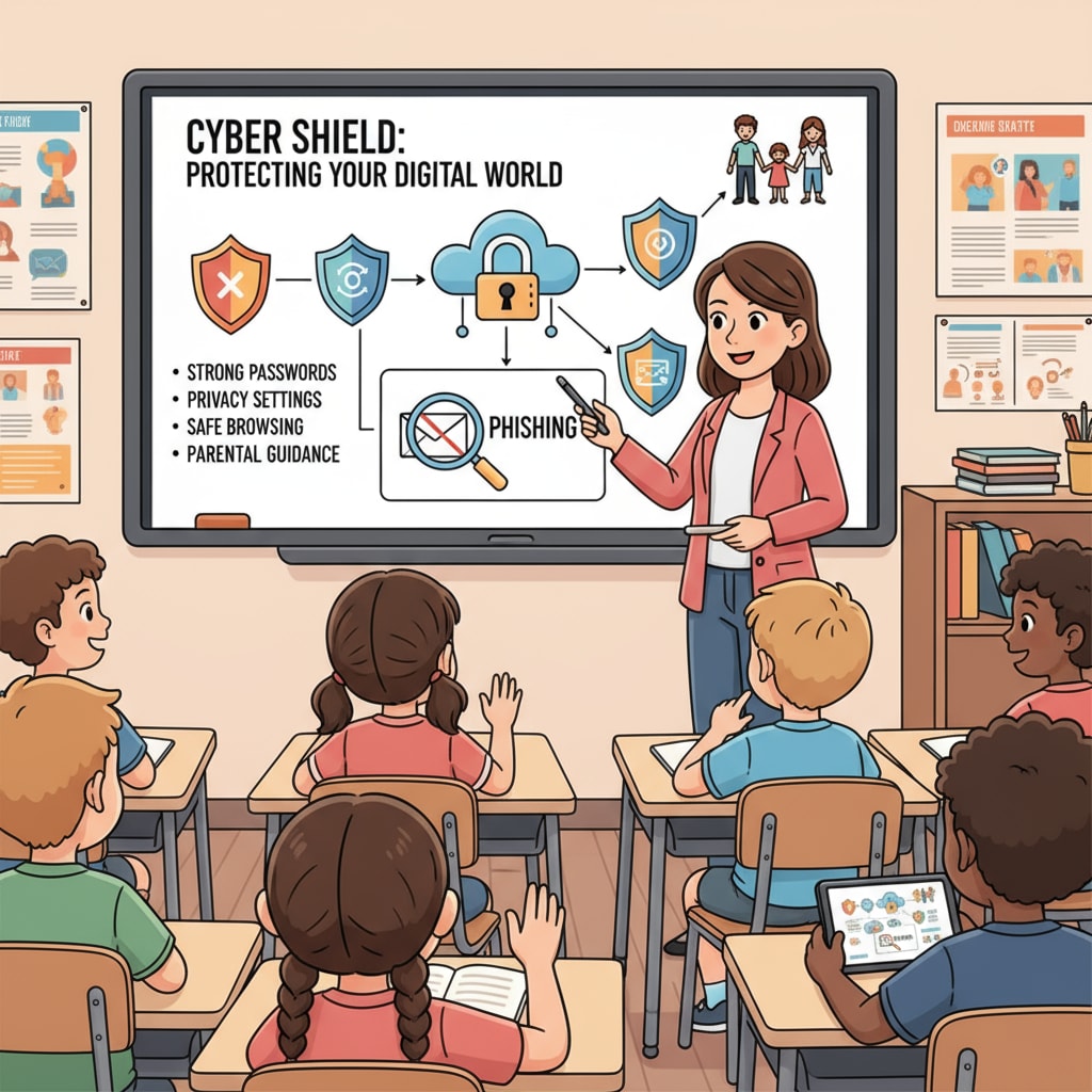 In a classroom, a teacher is using visual aids to teach cyber safety concepts to K-12 students, highlighting an important aspect of protection education. K-12 students learning cyber safety as part of protection education for sociological research