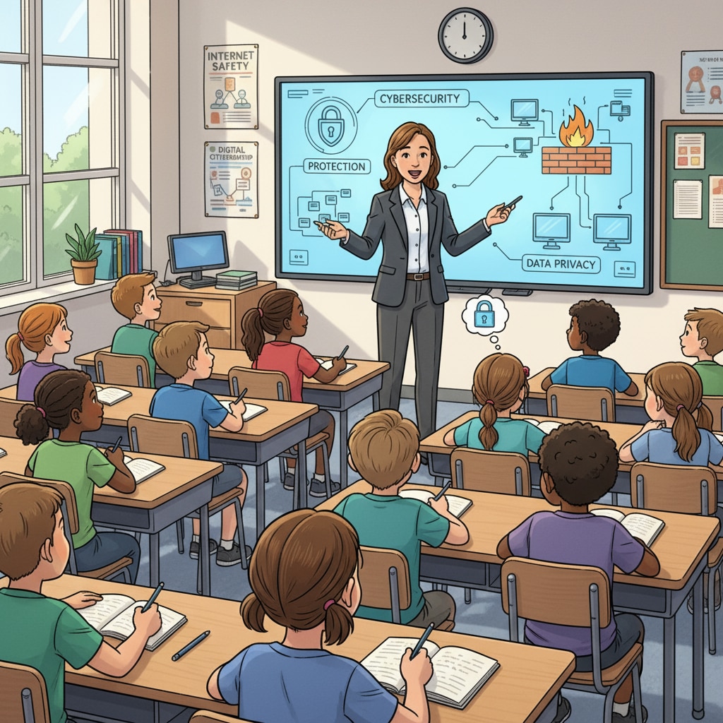A classroom scene where a teacher is using a smartboard to explain cybersecurity concepts to a group of K12 students. The students are sitting attentively, some taking notes, and looking interested in the topic. K12 students learning cybersecurity with plain explanations and high engagement