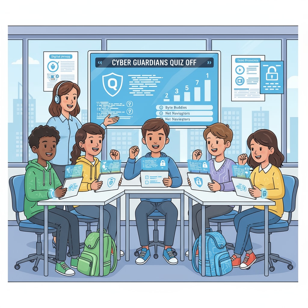 A group of students are gathered around desks, participating in a cybersecurity quiz competition. They are looking at the quiz questions on tablets, discussing answers, and showing enthusiasm. Engaged K12 students in a cybersecurity quiz for better understanding of digital safety