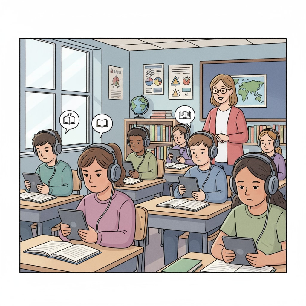 A group of middle school students are sitting in a classroom, wearing headphones and listening to audiobooks attentively. Middle school students listening to audiobooks in a language arts teaching setting related to reading abilities
