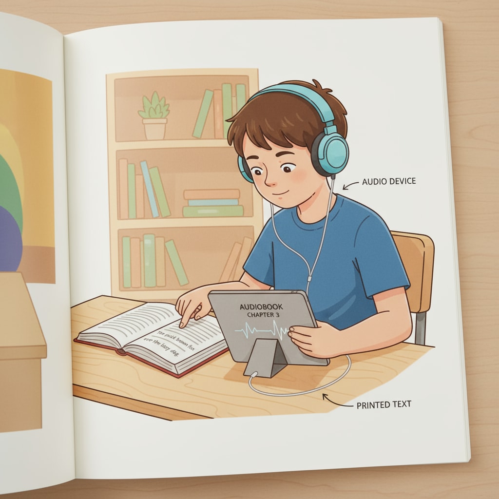 A student is sitting at a desk, listening to an audiobook on a device while following along with a printed book, comparing the two. A student engaging with both an audiobook and a printed book in the context of language arts teaching and reading ability development
