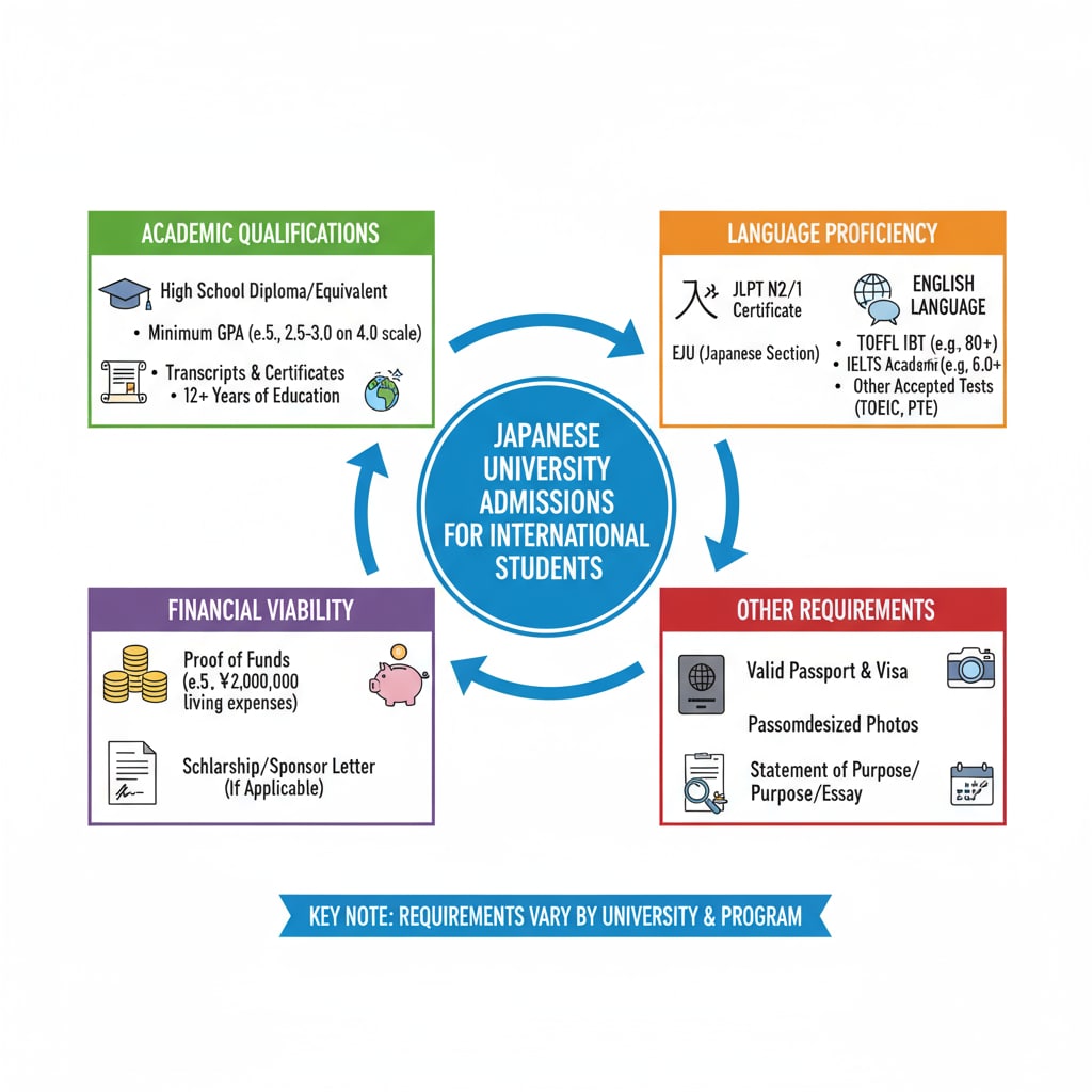 A visual representation showing the various requirements Japanese universities set for international students, including academic qualifications, language proficiency, etc. Japanese university admission requirements for international students related to Japanese study abroad, A-levels, BTEC, and university application