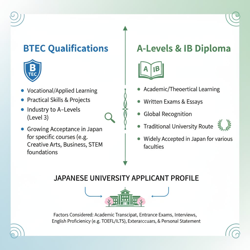 A side-by-side comparison of BTEC with other common international qualifications like A-levels in terms of what Japanese universities look for in an applicant. Comparison of BTEC and other international qualifications for Japanese university applications in relation to Japanese study abroad, A-levels, BTEC, and university application