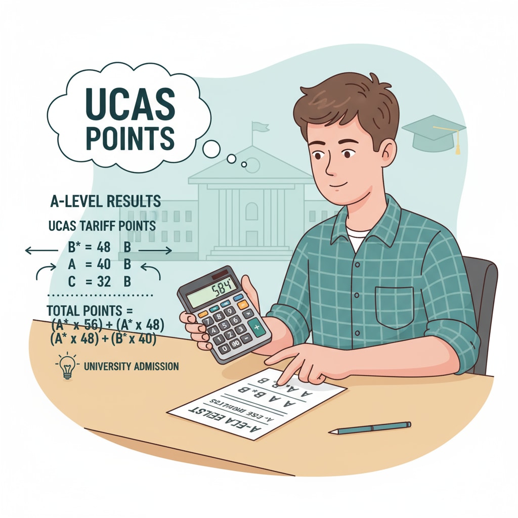 An illustration showing a student looking at their A-Level results and using a calculator to figure out UCAS points. A student evaluating A-Level results for UCAS points calculation