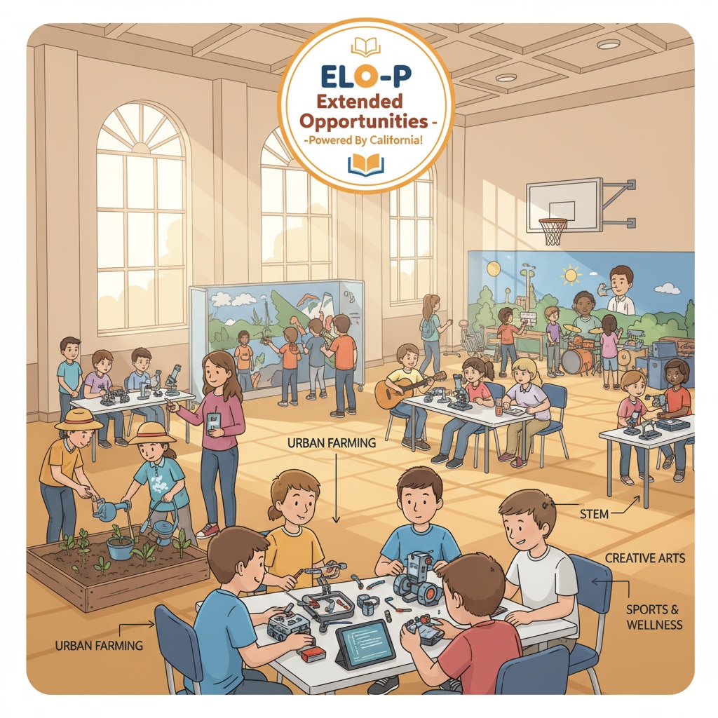Students actively participating in various activities during an extended learning session in a California school, which shows the vitality and diversity of ELO-P programs. Students engaged in extended learning activities funded by California's ELO-P and education funding