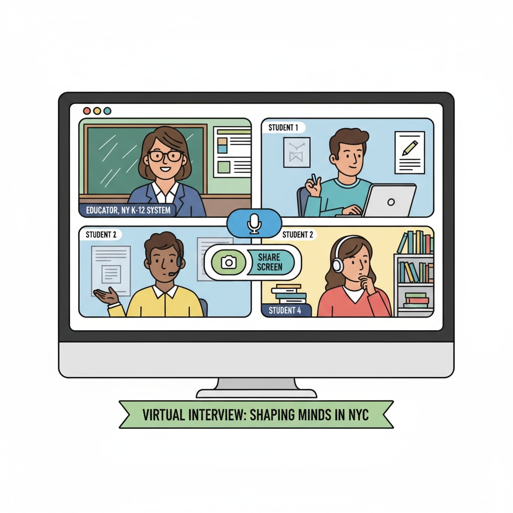 A group of college students sitting in a virtual meeting, interviewing an educator from the New York K12 system. College students conducting a virtual interview with a K12 educator in New York as part of a university project.