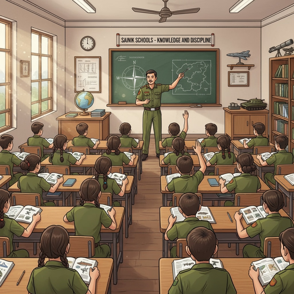 A classroom scene in a Sainik School where students are engaged in learning. Students studying in a Sainik School classroom for AISSEE preparation