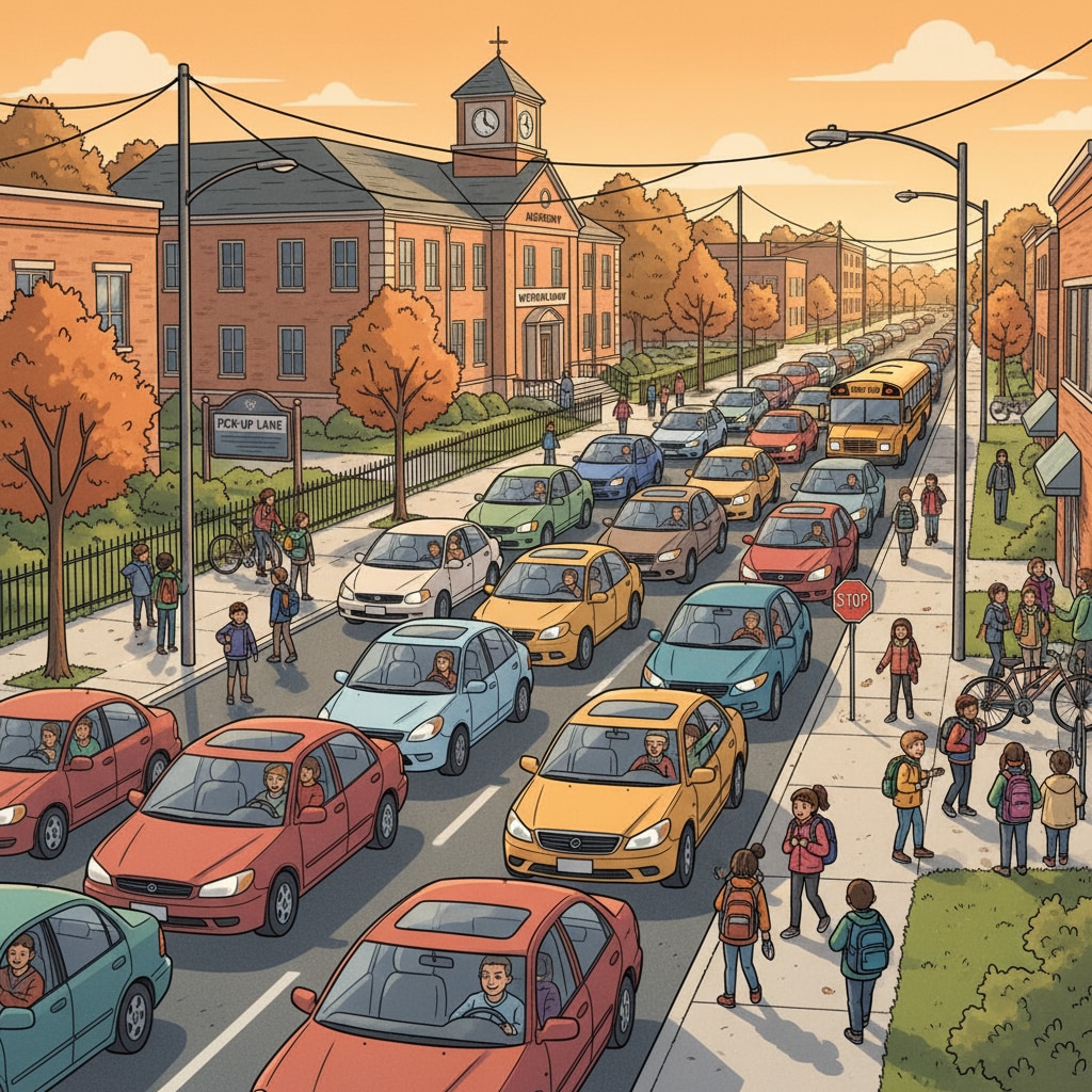 A busy street near a small town school during pick-up time, showing cars lined up and students waiting. Traffic congestion during school pick-up in a small town