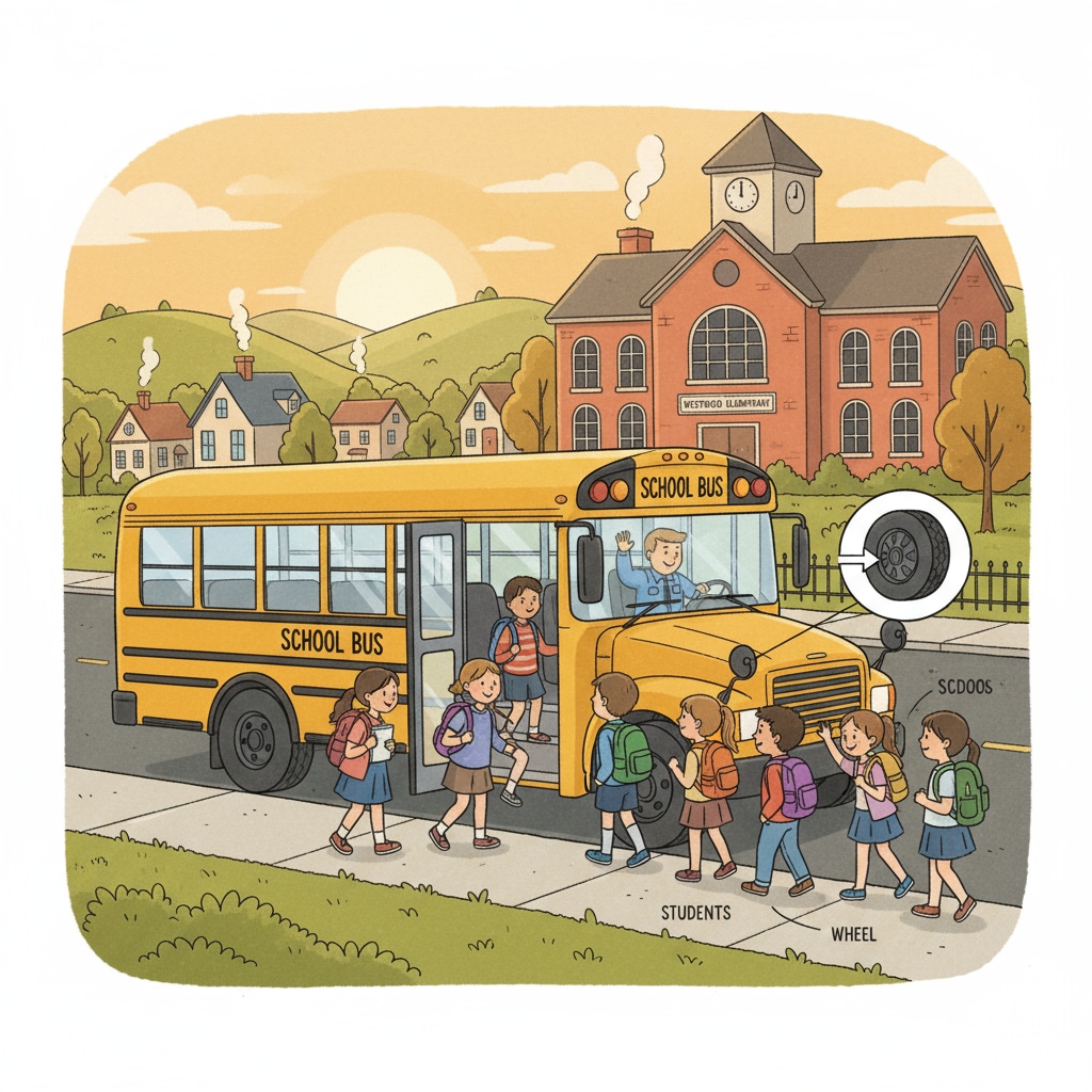 A school bus waiting at a stop near a small town school, with students getting on. School bus in use during pick-up at a small town school