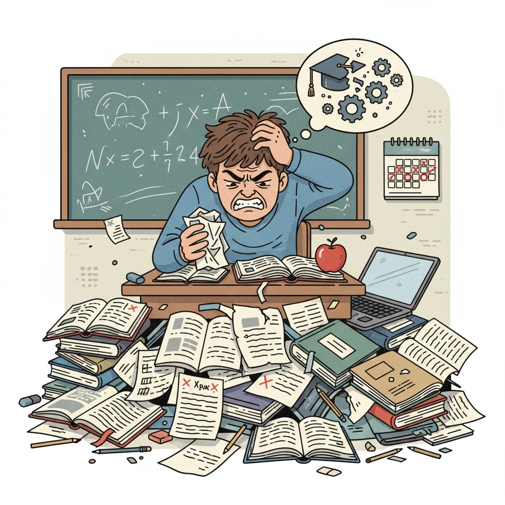 A student sitting at a desk, looking frustrated with books and papers scattered around, representing the stress of academic failure A frustrated student due to academic failure