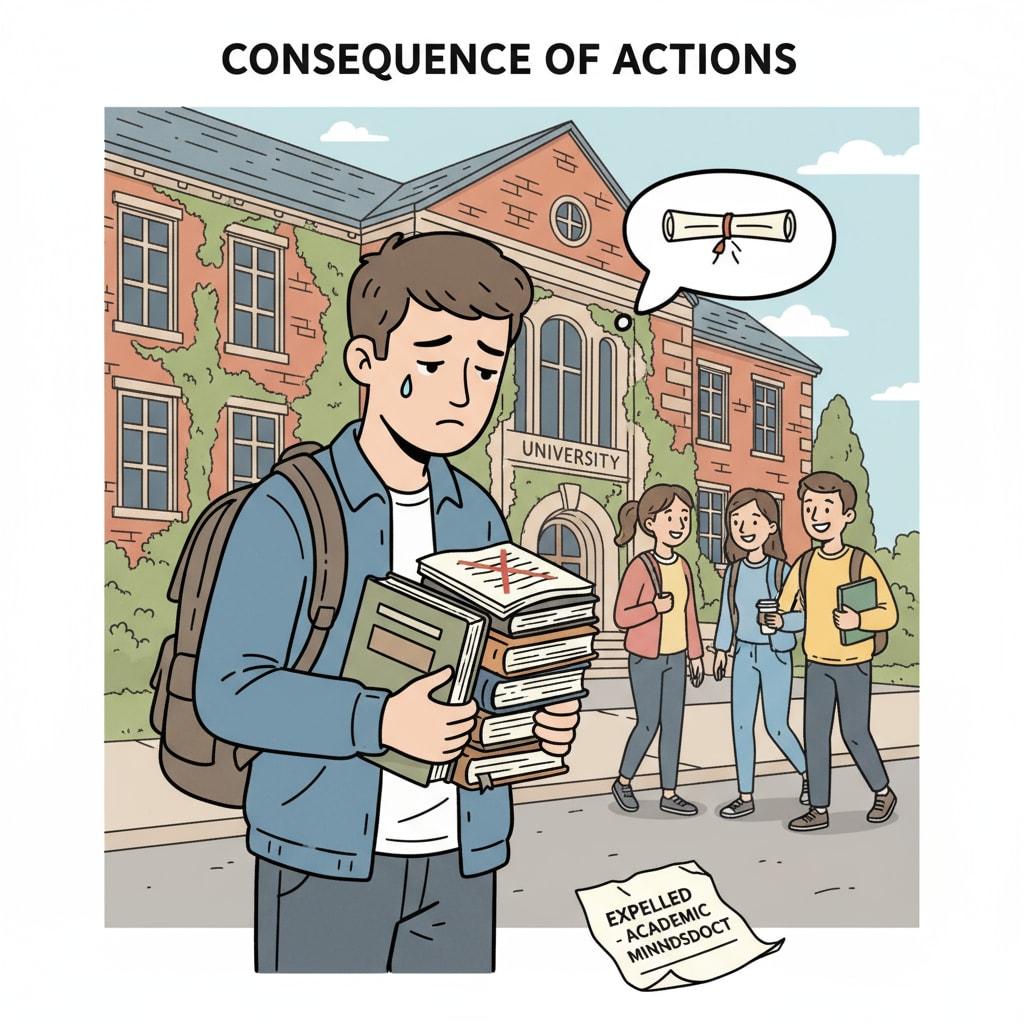 A student standing outside a university building, looking dejected, symbolizing the aftermath of university expulsion A dejected student after university expulsion