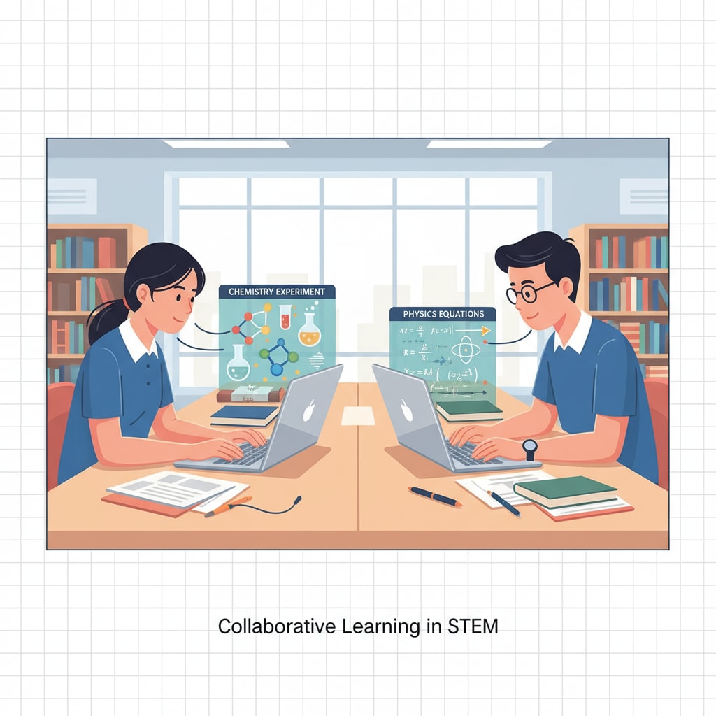 Two students sitting in front of laptops, one studying physics equations and the other looking at a chemistry experiment diagram Two students engaged in online learning of physics and chemistry related to the medical field