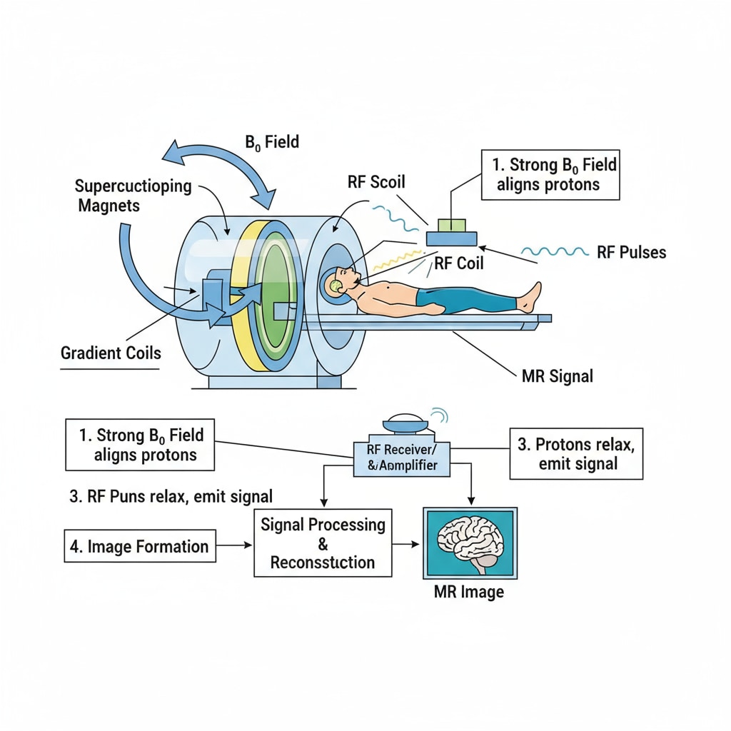 A diagram showing the working principle of an MRI machine Diagram of an MRI machine's working principle relevant to physics in the medical field