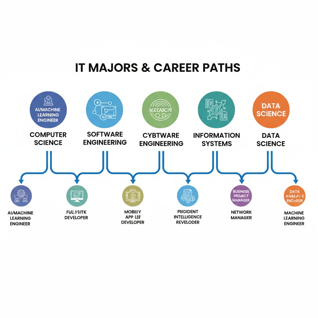 An illustration showing different IT majors and how they lead to various career paths, with arrows indicating the connections. Illustration of the relationship between IT majors and career prospects in university major selection.