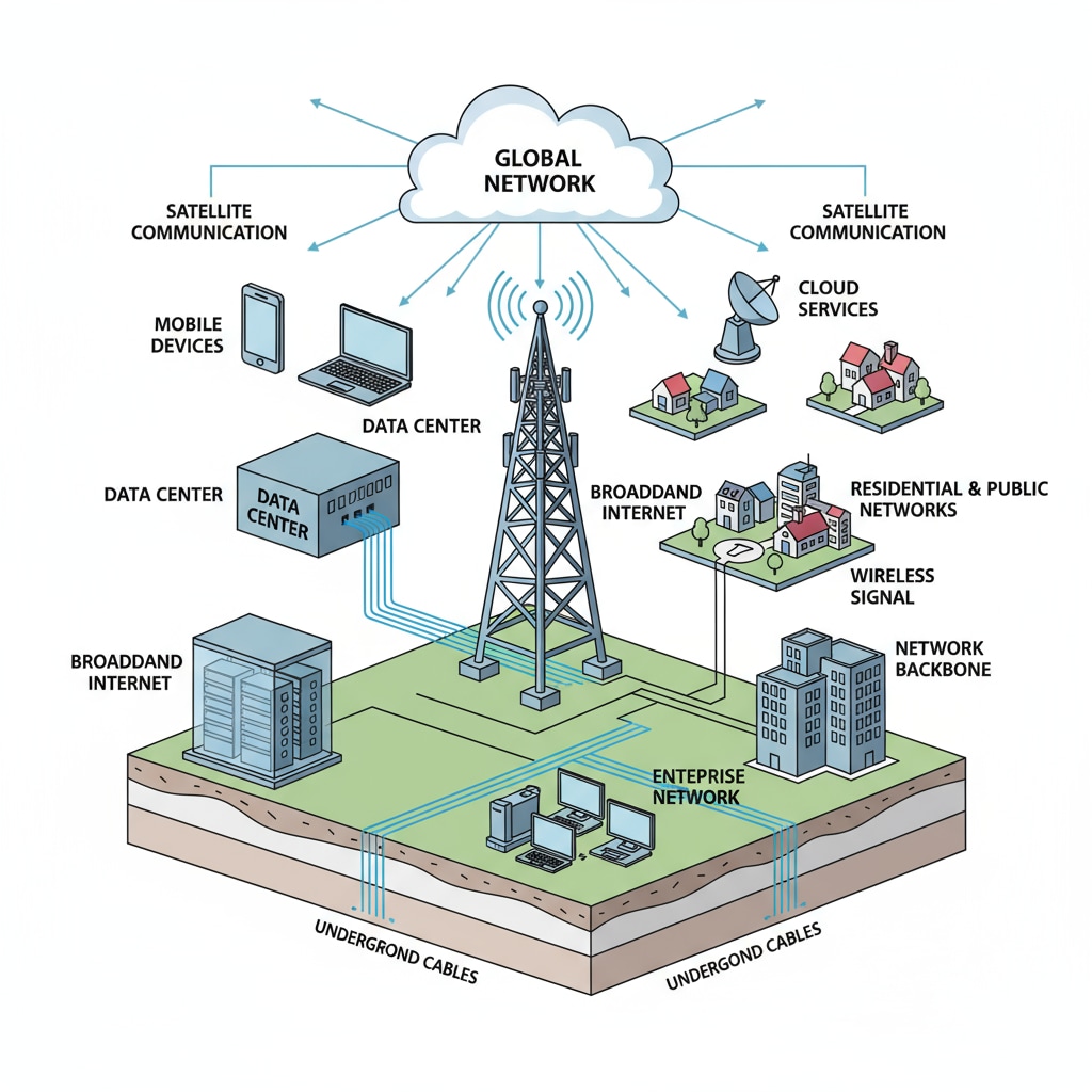 A diagram depicting the infrastructure of information and communication technology, including networks, towers, and data centers. Diagram of information and communication technology infrastructure related to university IT major selection and career prospects.