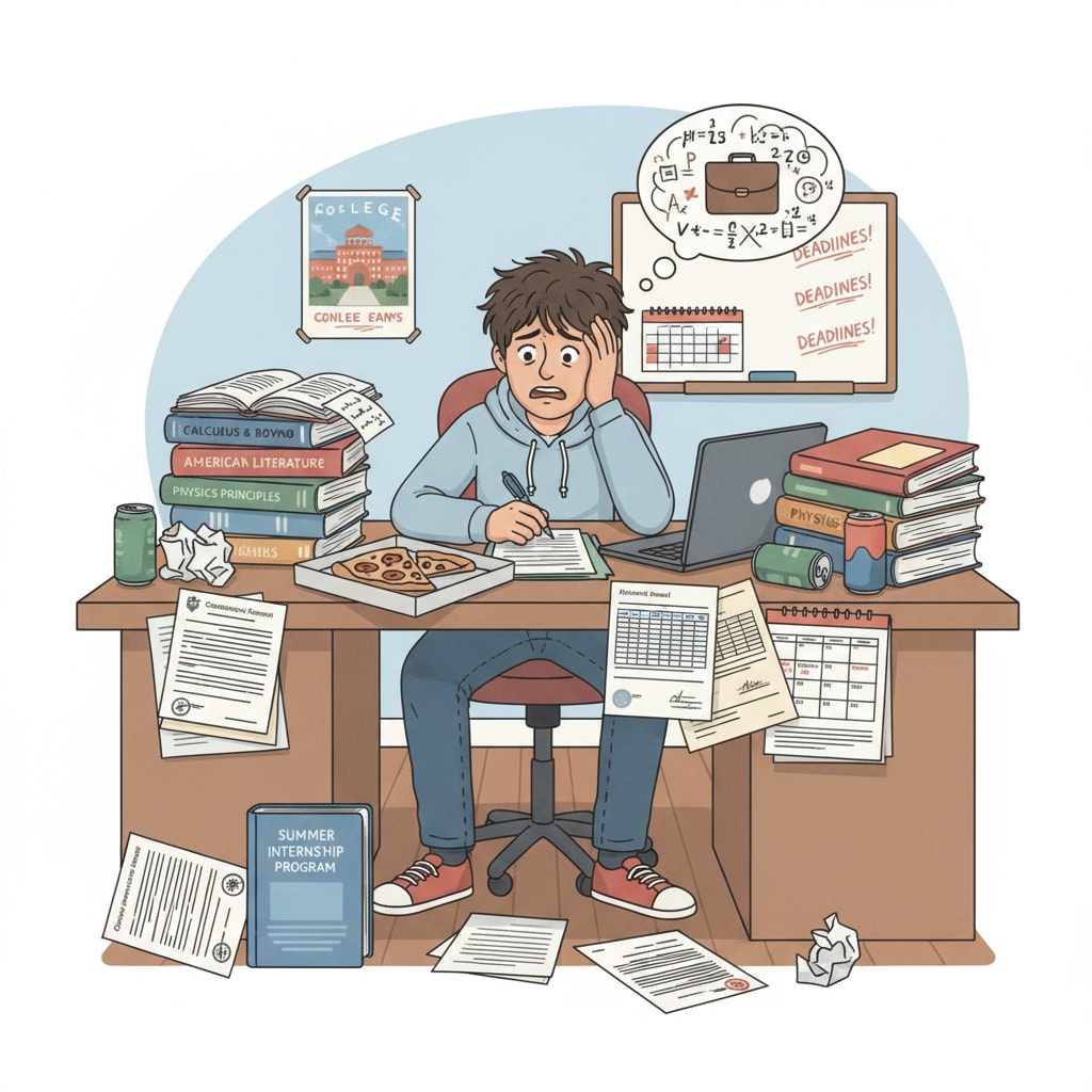 A K12 student sitting at a desk, looking stressed with internship documents and textbooks spread out. This represents the struggle students face when trying to balance internship and academic responsibilities. K12 student struggling with internship workload and study-time balance