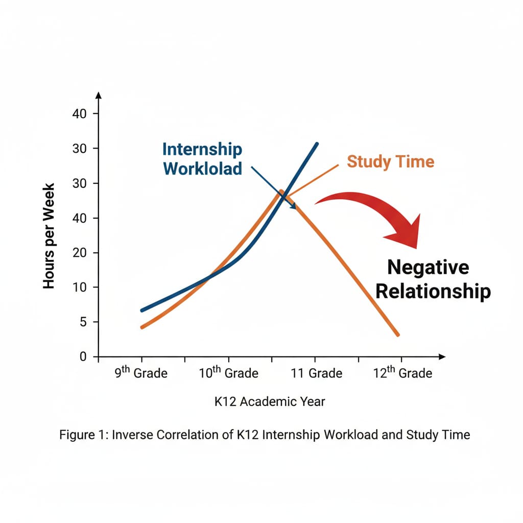 A graph showing the increasing internship workload and decreasing study time of K12 students, visually depicting the negative relationship between the two. Graph showing the impact of internship workload on K12 students' study time