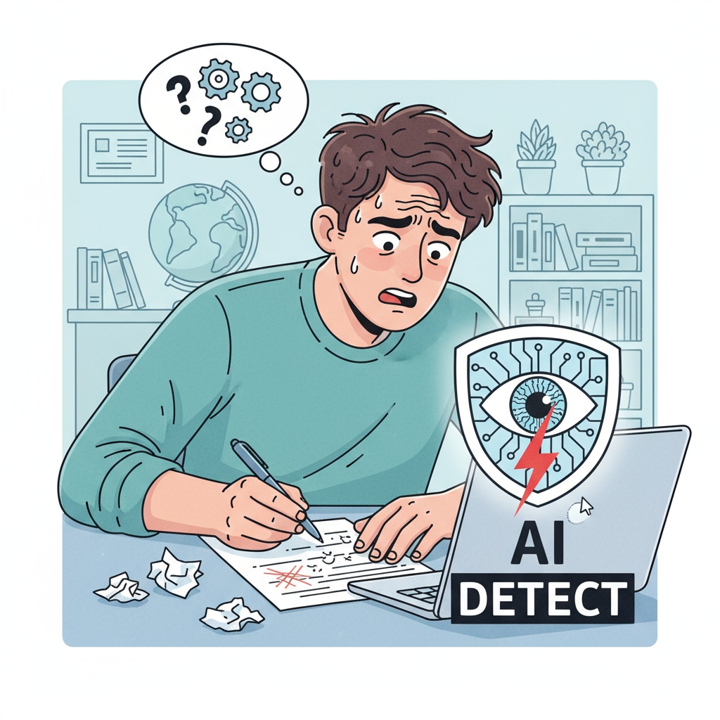 A student is showing signs of distress while writing an essay, with a symbol of an AI detection tool visible nearby, indicating the pressure caused by the tool. A student struggling with creative writing under the shadow of AI detection