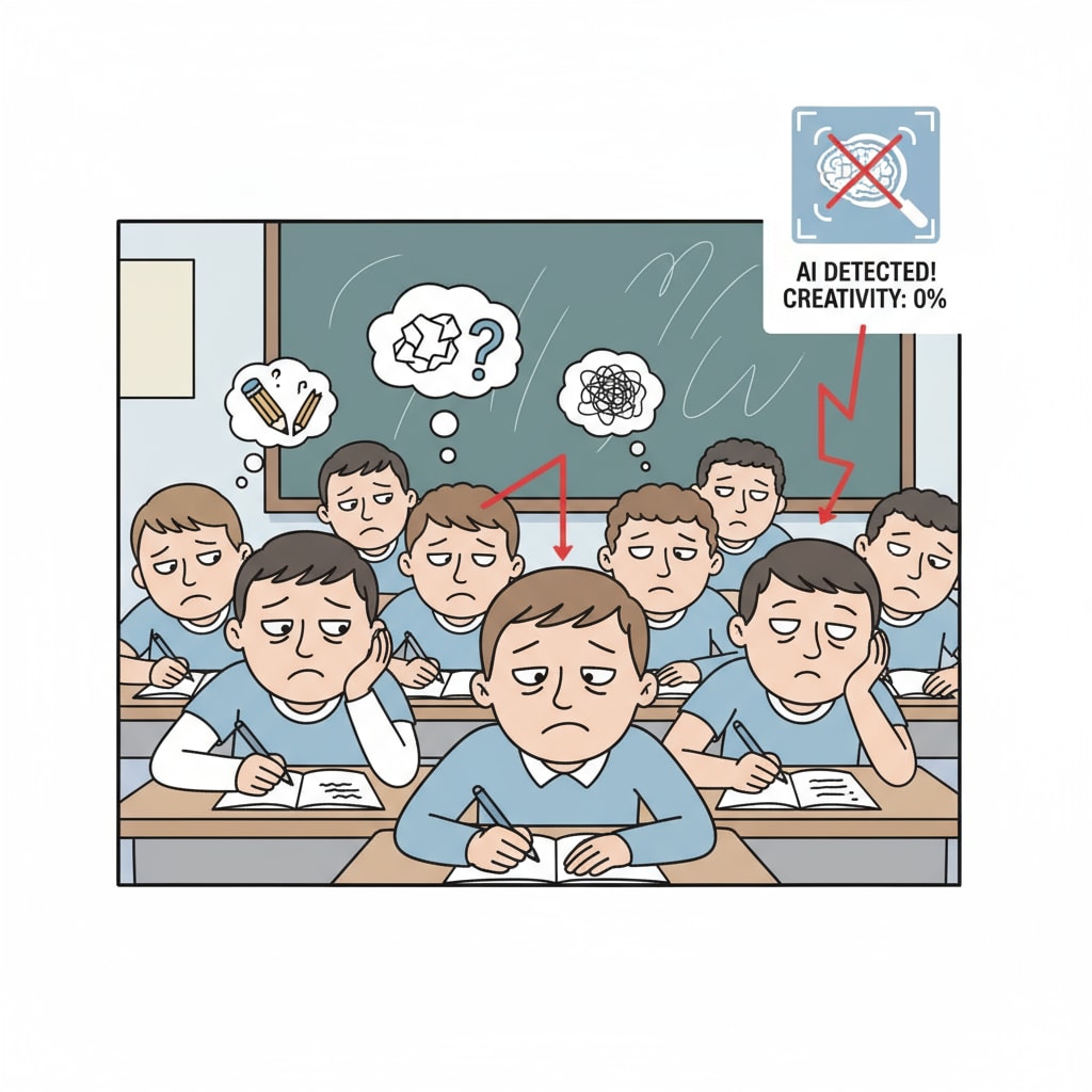 A group of students in a classroom setting, looking bored and uninterested in writing, with an AI detection tool's icon in the corner, representing the negative impact on their enthusiasm for creative writing. Students losing interest in creative writing due to AI detection pressure