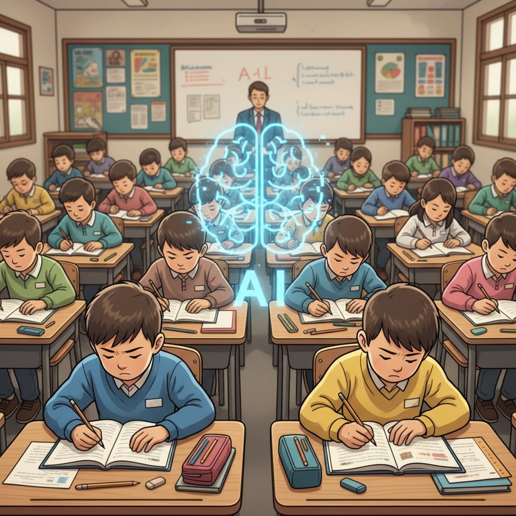 Students working on homework while an AI symbol looms in the background, representing the threat of AI-assisted cheating Students doing homework with the presence of AI, highlighting the issue of student cheating with ChatGPT in the context of homework