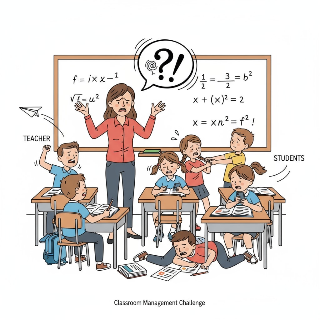A teacher looking frustrated while dealing with misbehaving students in a classroom. The students are not paying attention and are causing disruptions. A teacher facing student behavior issues and lacking support in the classroom