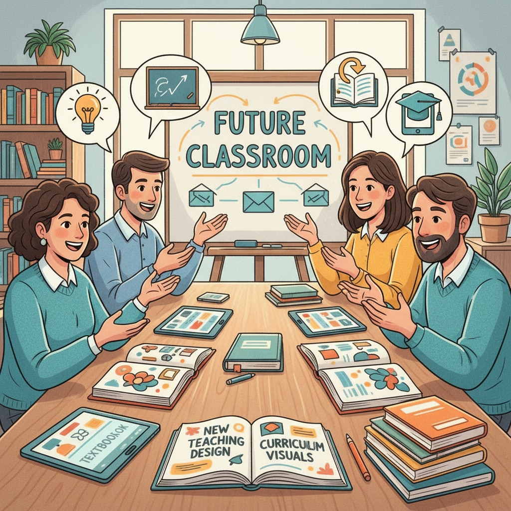 A group of teachers are gathered around a table, engaged in a lively discussion about educational concepts, such as new teaching methods and curriculum design. Teachers discussing teaching effectiveness, graduate programs, and curriculum design