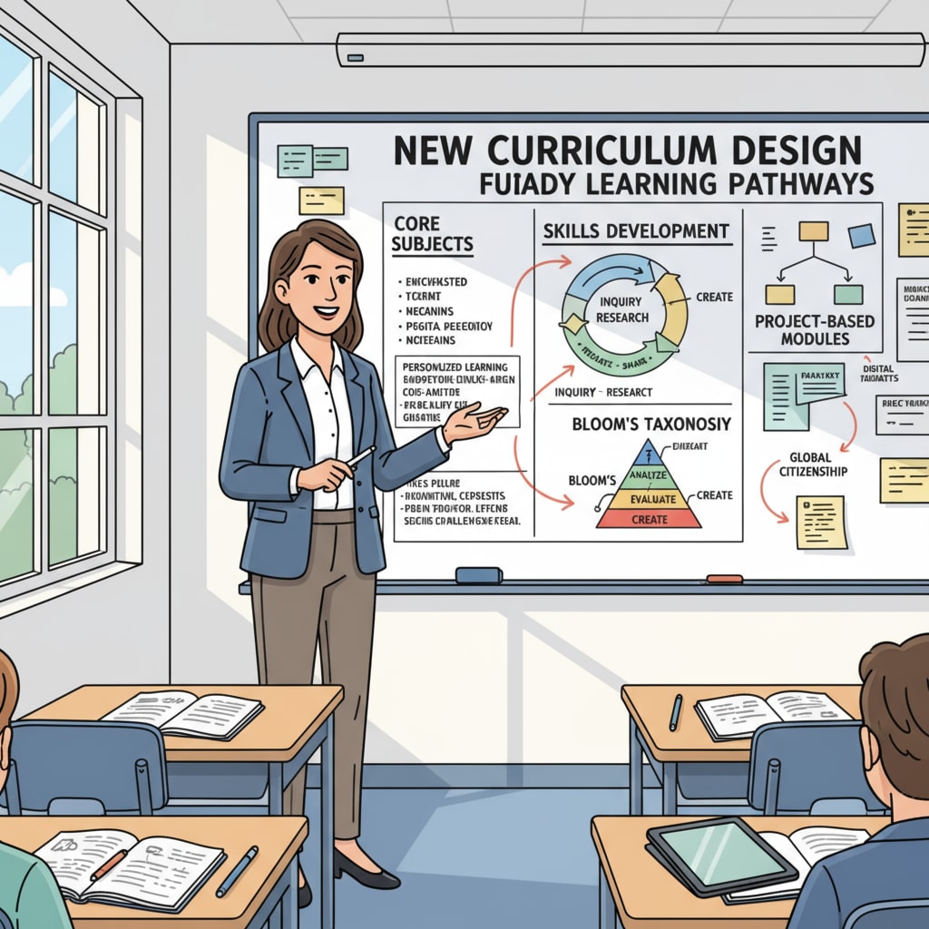 A teacher is standing in front of a whiteboard, presenting a detailed new curriculum design, with various diagrams and notes on it. A teacher presenting curriculum design related to teaching effectiveness and graduate programs