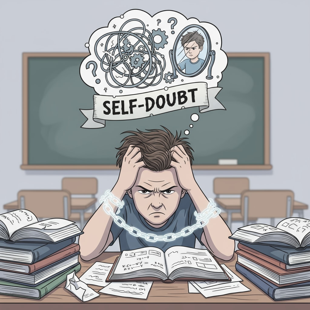A student sitting at a desk, looking frustrated with books open, symbolizing the struggle with self-doubt A student struggling with self-doubt in relation to intellectual disabilities, self-doubt, and learning abilities