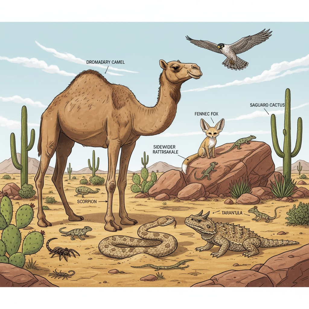 A group of desert animals including camels, snakes, and lizards are shown in their natural desert habitat, highlighting their coexistence in the arid environment. Desert animals' survival adaptations and evolutionary traits in their natural habitat