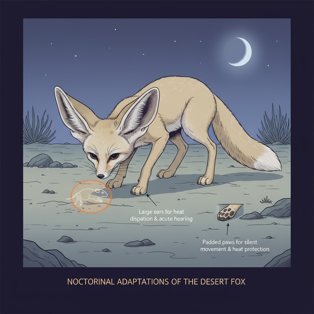 A nocturnal desert fox is depicted hunting at night, demonstrating its behavioral adaptation to the desert environment. Nocturnal desert fox showing survival adaptation through its hunting behavior at night