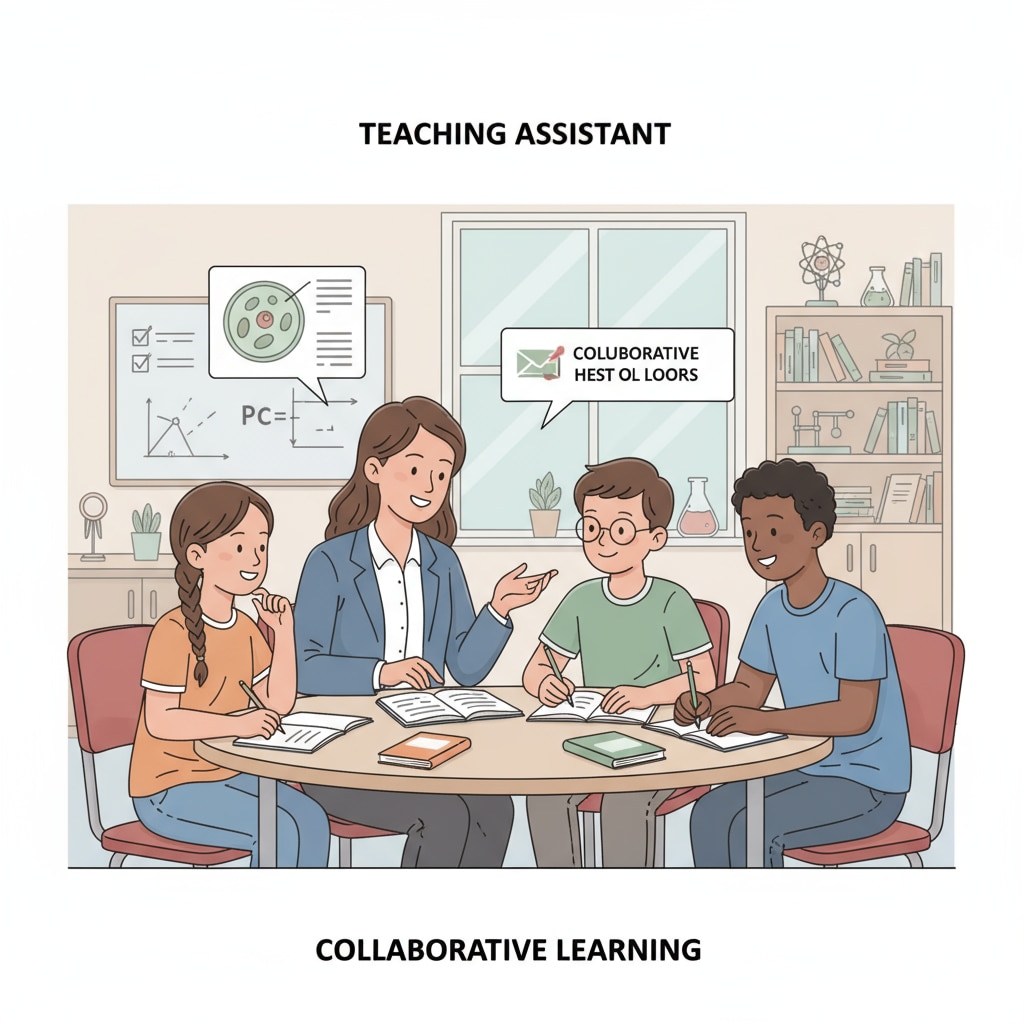 An illustration showing a teaching assistant actively engaged with students in a classroom setting, helping them with their work and facilitating learning. A teaching assistant in a classroom related to MAT program application