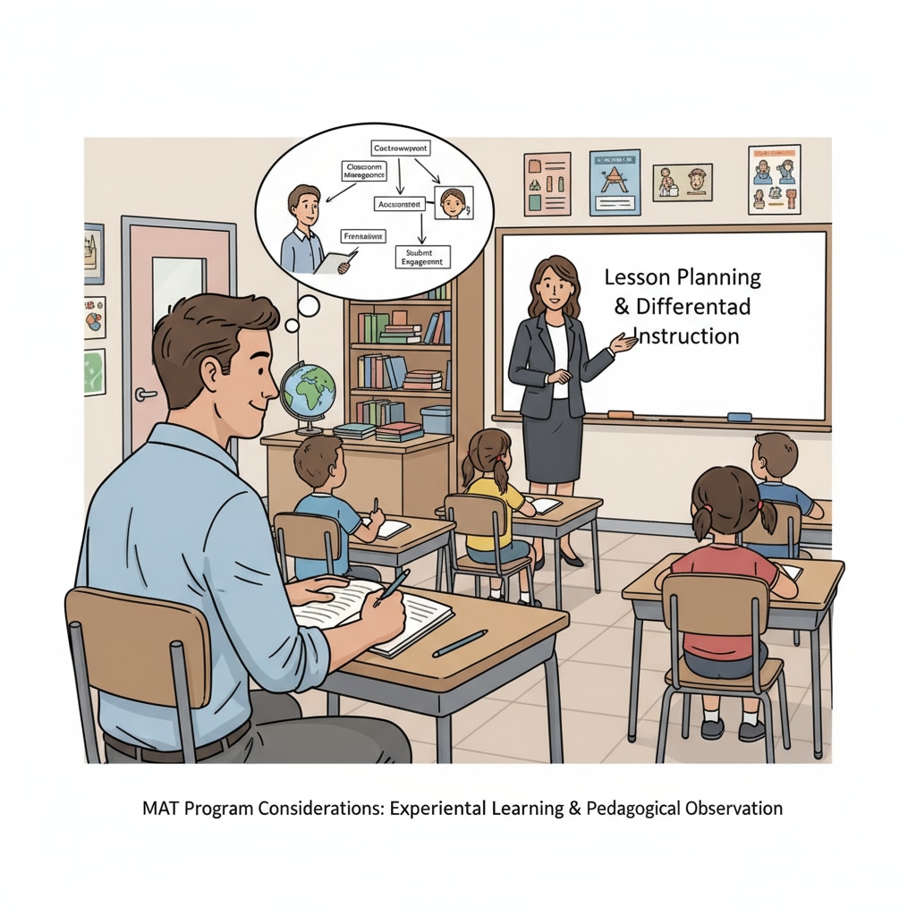 A visual representation of a teaching assistant observing a teacher during a class, taking notes and learning about teaching techniques, which is relevant to MAT program considerations. A teaching assistant observing a teacher in a classroom for MAT program application