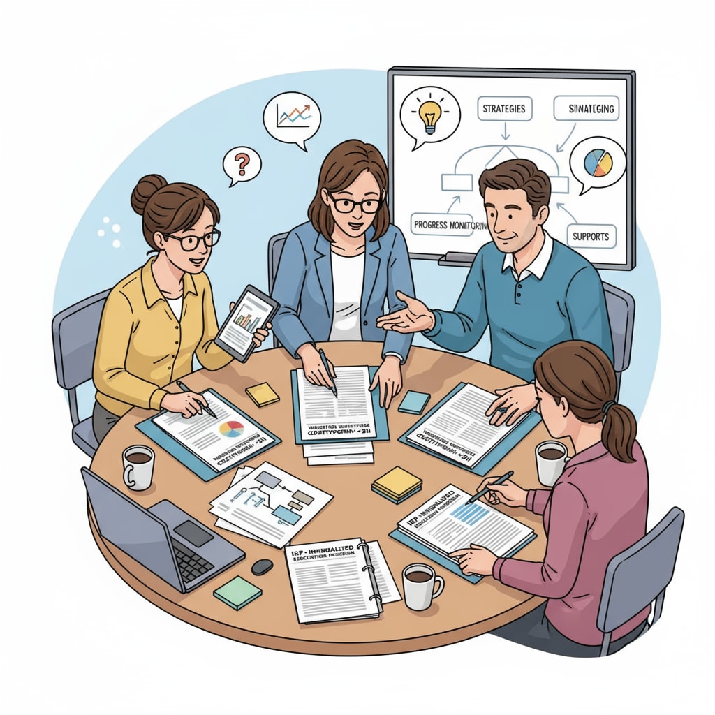 A group of special educators gathered around a table, looking intently at IEP documents. They are engaged in a discussion, trying to make sense of the complex information. Special educators facing comprehension difficulties while looking at IEP documents