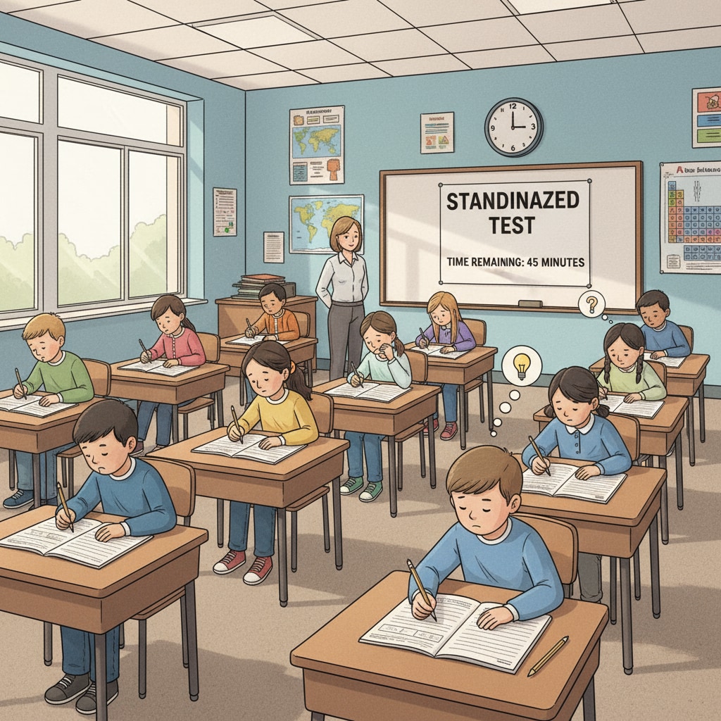 A classroom scene where students are taking a standardized test, with desks neatly arranged and students concentrating on their papers. Students taking a standardized test under the influence of the