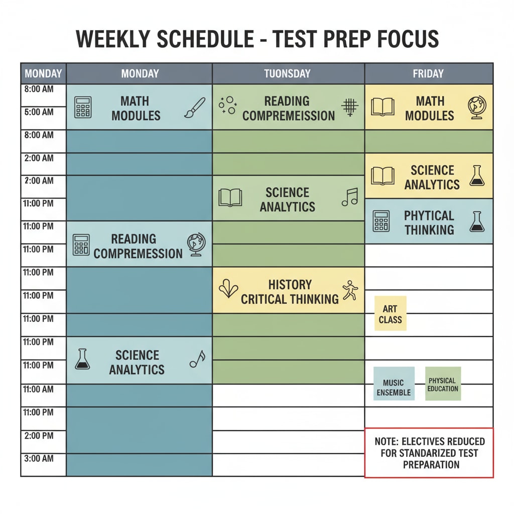 A school schedule showing less time allocated to non-core subjects like art, music, and physical education due to the focus on test preparation. School schedule affected by the