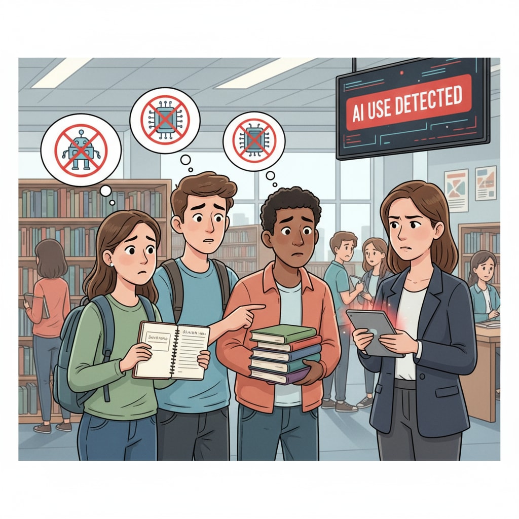 Depicts students looking worried as they face false accusations of AI use in a university environment. Students worried about false AI use accusations in university