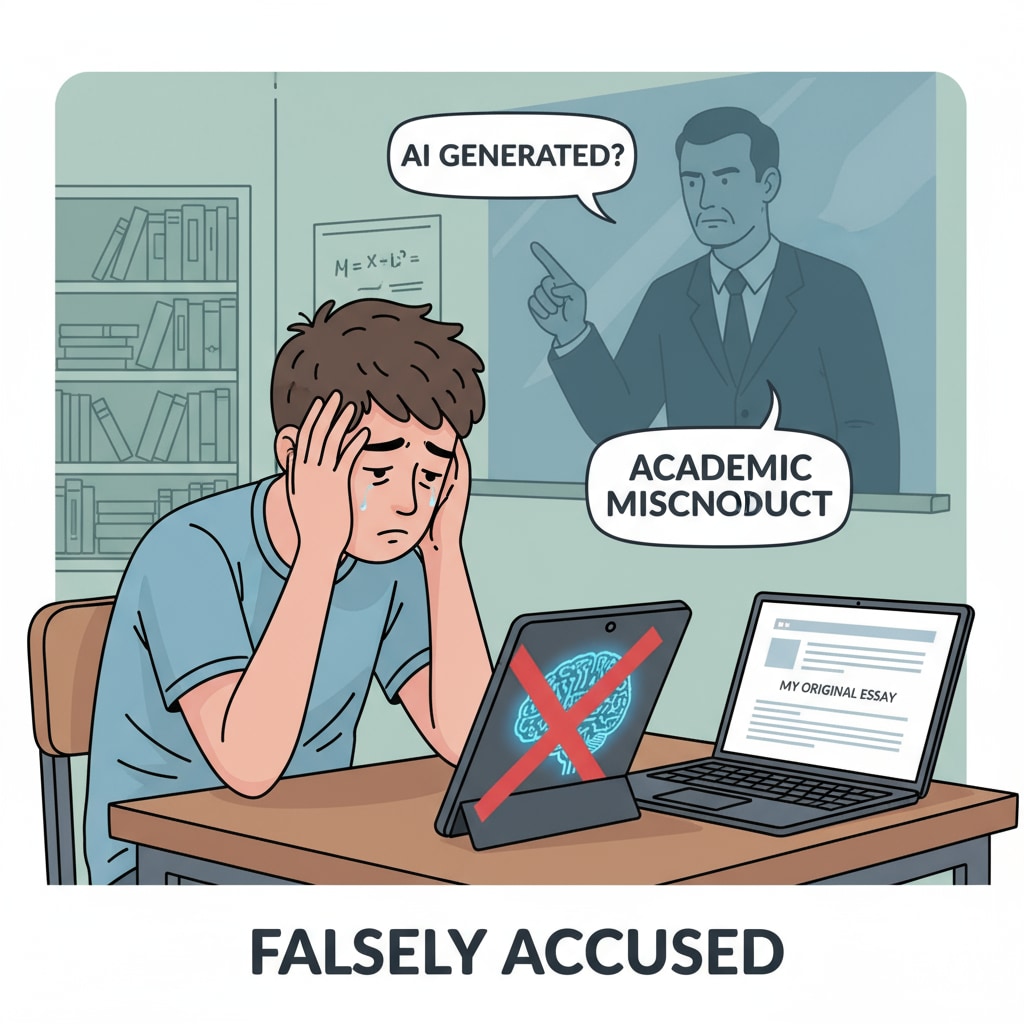 Shows a student looking dejected after being falsely accused of AI use in an assignment. Dejected student due to false AI use accusation in assignment