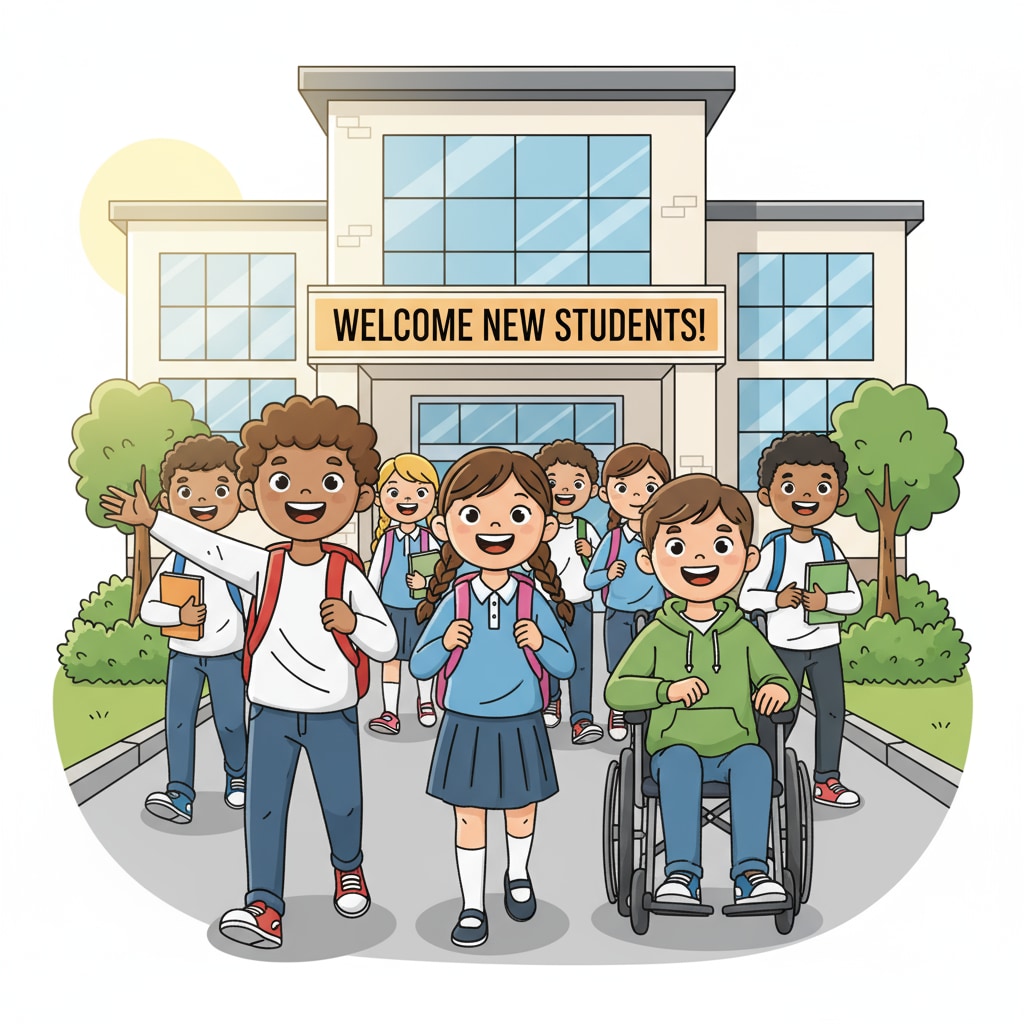 A group of students walking into a new school building with smiles on their faces, showing their positive attitude towards the new school environment. Students adapting to a new school during school transition