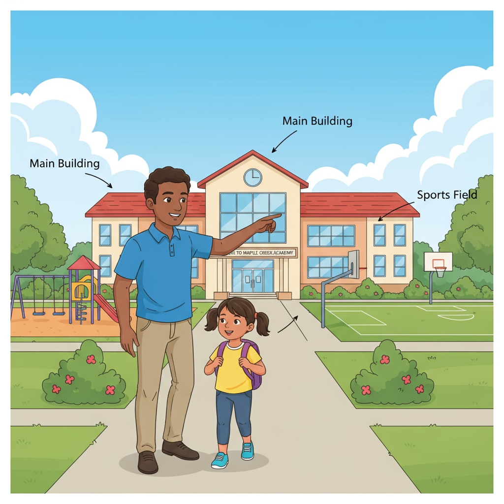 A parent and child walking around a school campus, looking at the facilities, which helps the child get familiar with the new school before starting. Parent helping child adapt to a new school during transition