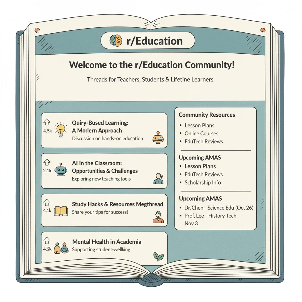 A screenshot of the Reddit education community homepage showing various educational threads Reddit education community homepage with educational threads