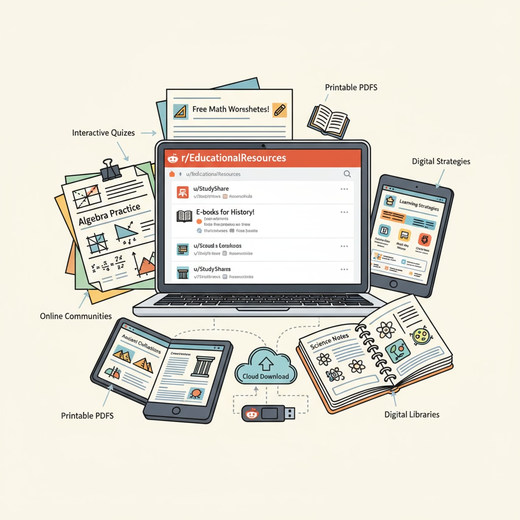 A collage of various educational resources shared on Reddit, such as worksheets and e-books Collage of educational resources from Reddit
