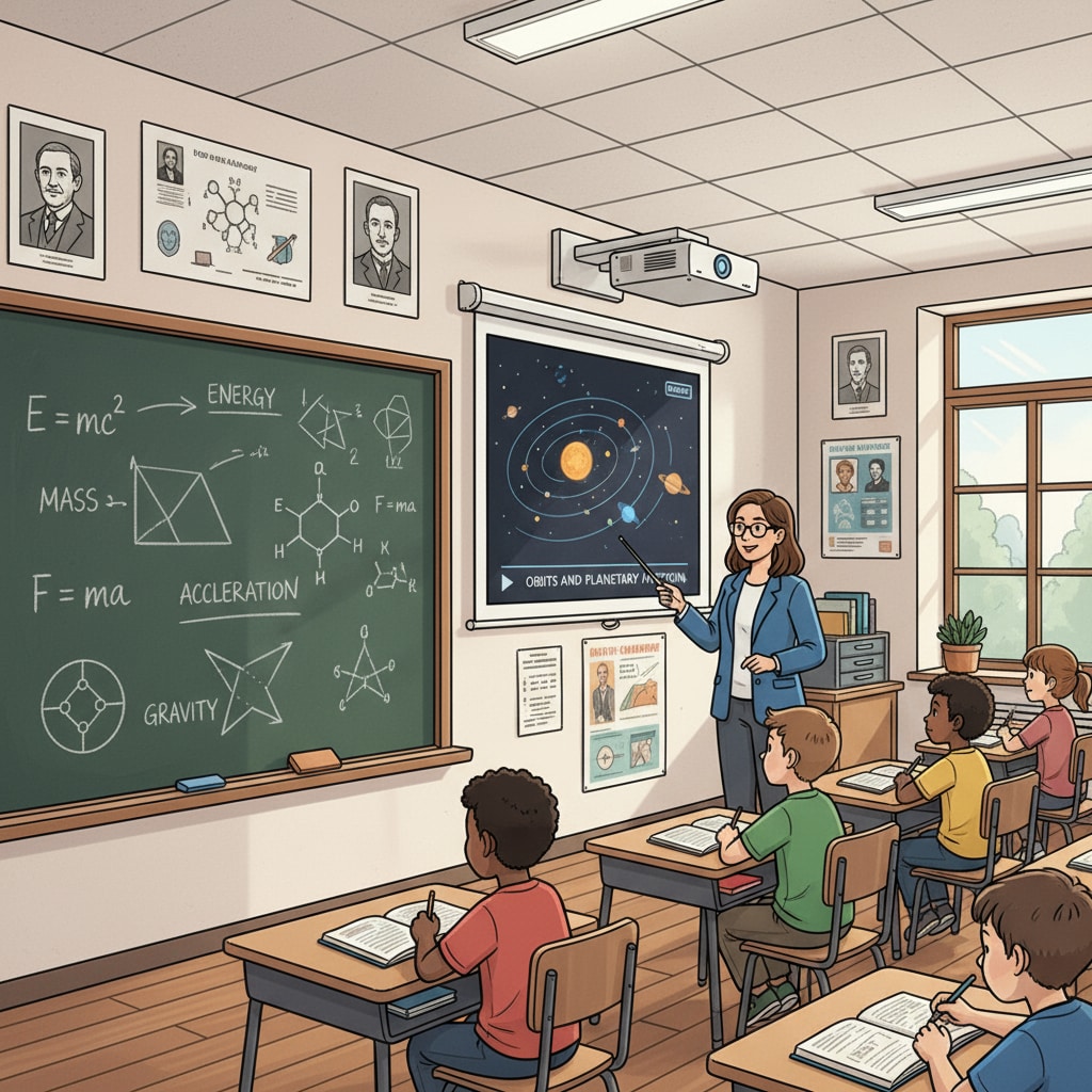 A classroom scene shows a teacher using a blackboard (a traditional teaching tool) and a projector (a modern technology device) simultaneously. The blackboard has some equations and explanations written on it, and the projector is displaying an educational video on the screen. A classroom setup with traditional and modern teaching tools and technology