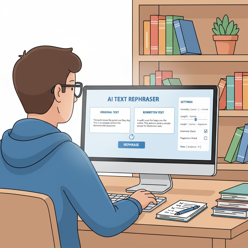 A student is sitting at a desk, focused on a computer screen that shows an interface of an AI rewriting tool. The screen has options for rephrasing text and different settings related to the rewriting process. A K12 student using an AI rewriting tool on a computer