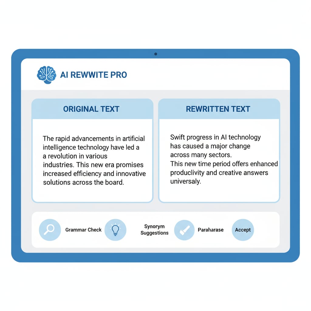 A close-up view of an AI rewriting tool's interface. The screen displays a sample text in one section and the rewritten version in another. There are also buttons for various functions like grammar check and synonym suggestions. Close-up of an AI rewriting tool interface for K12 students