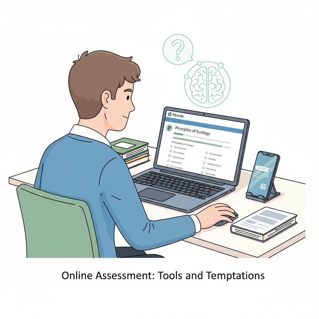 A student is taking an online quiz on Moodle. There is a mobile device nearby, which could potentially be used to access AI tools like ChatGPT or take screenshots. A student taking an online Moodle quiz with potential for improper use of technology