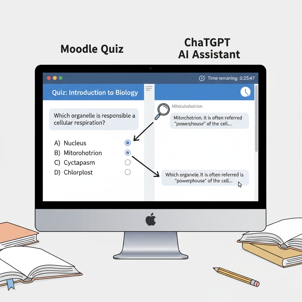 A computer screen shows a Moodle quiz interface on one side and a ChatGPT window open on the other side, highlighting the potential for students to use AI during quizzes. Computer screen showing Moodle quiz and ChatGPT window, indicating academic integrity risks