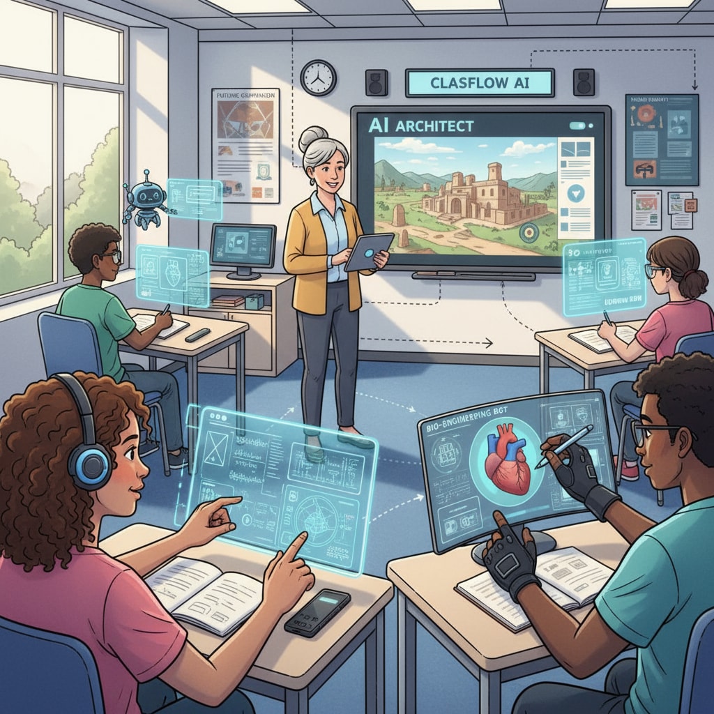An illustration showing students using AI-powered devices in a classroom setting to depict the integration of AI in education. Students using AI-powered devices in a classroom as a learning tool.