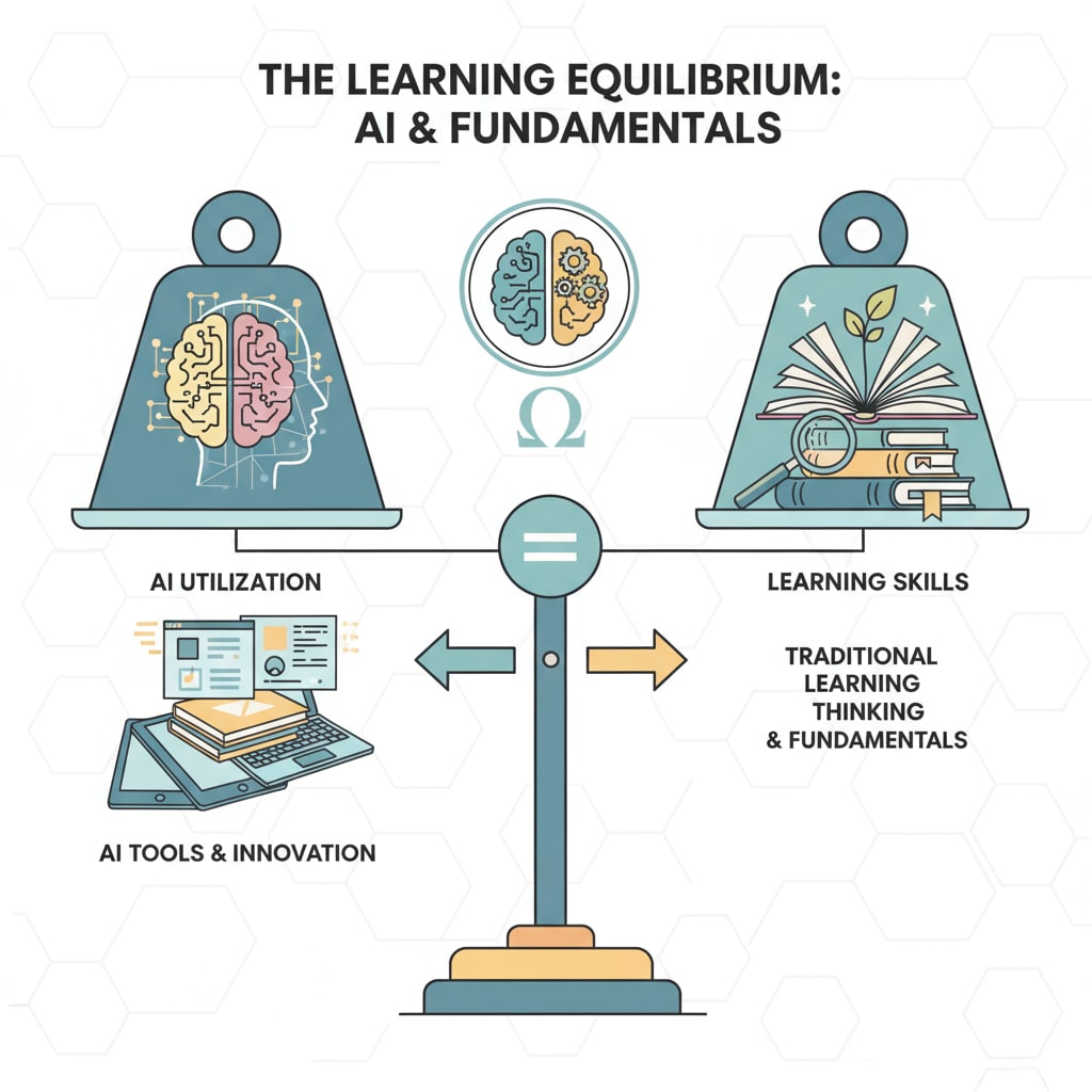 A graphic depicting the balance between using AI and maintaining traditional learning skills to highlight the need for equilibrium. A graphic showing the balance between AI use and traditional learning skills in education.