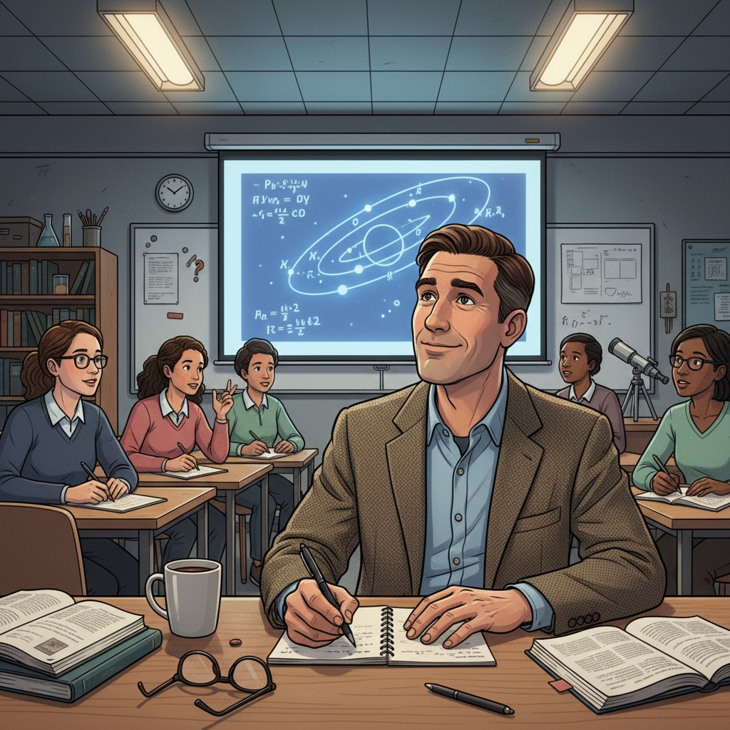 A physics teacher is sitting at a desk in a night school classroom, taking notes during a lecture. A physics teacher attending a night school class for postgraduate studies